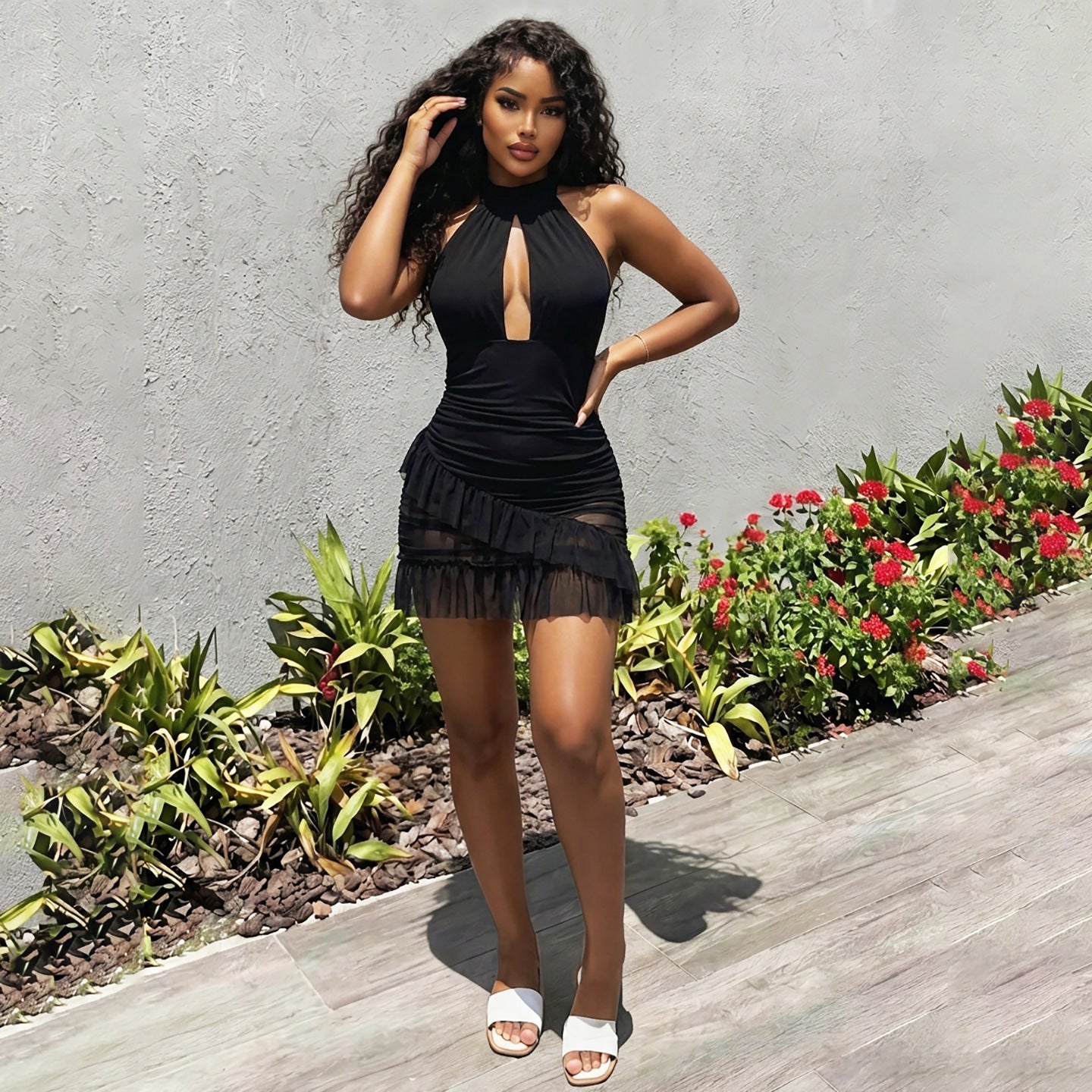 Summer Women Clothing Halter Backless Sexy Cutout See through Ruffled Sexy Sheath Dress by Ragazza