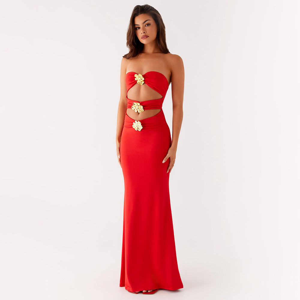 Summer Ladies Sexy Cutout Dress off Neck Metal Floral Sexy Slim Fit Maxi Dress by Ragazza
