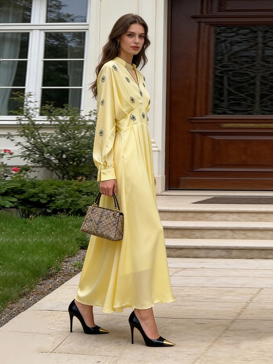 Spring Elegant Retro Diamond V neck Long Sleeve Dress Waist Slimming Dress for Women by Ragazza