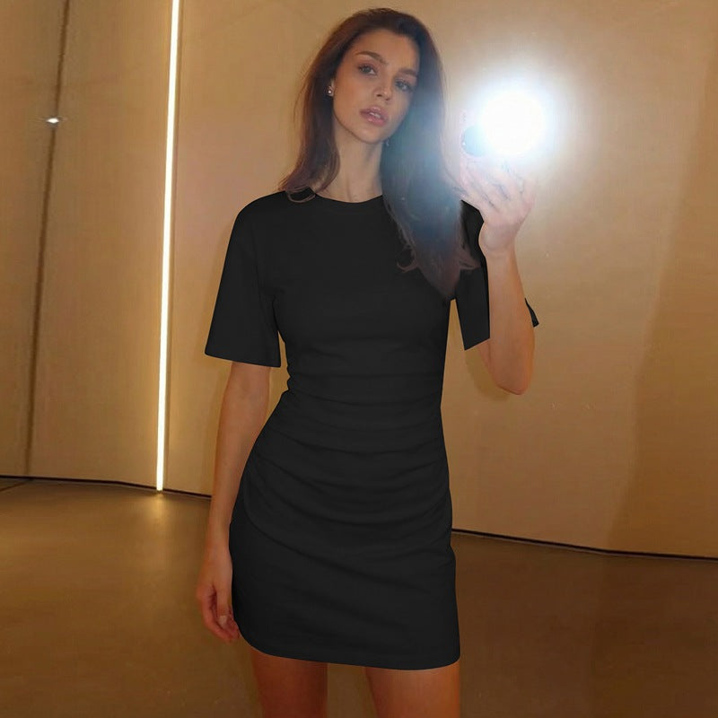 Women Clothing Autumn All Match Simple Pleated Waist Tight Slimming Dress