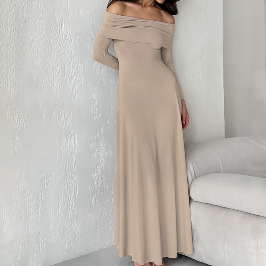 French Brushed Knitted Off Neck Slim Fit High Waist Pullover Dress Autumn Dress