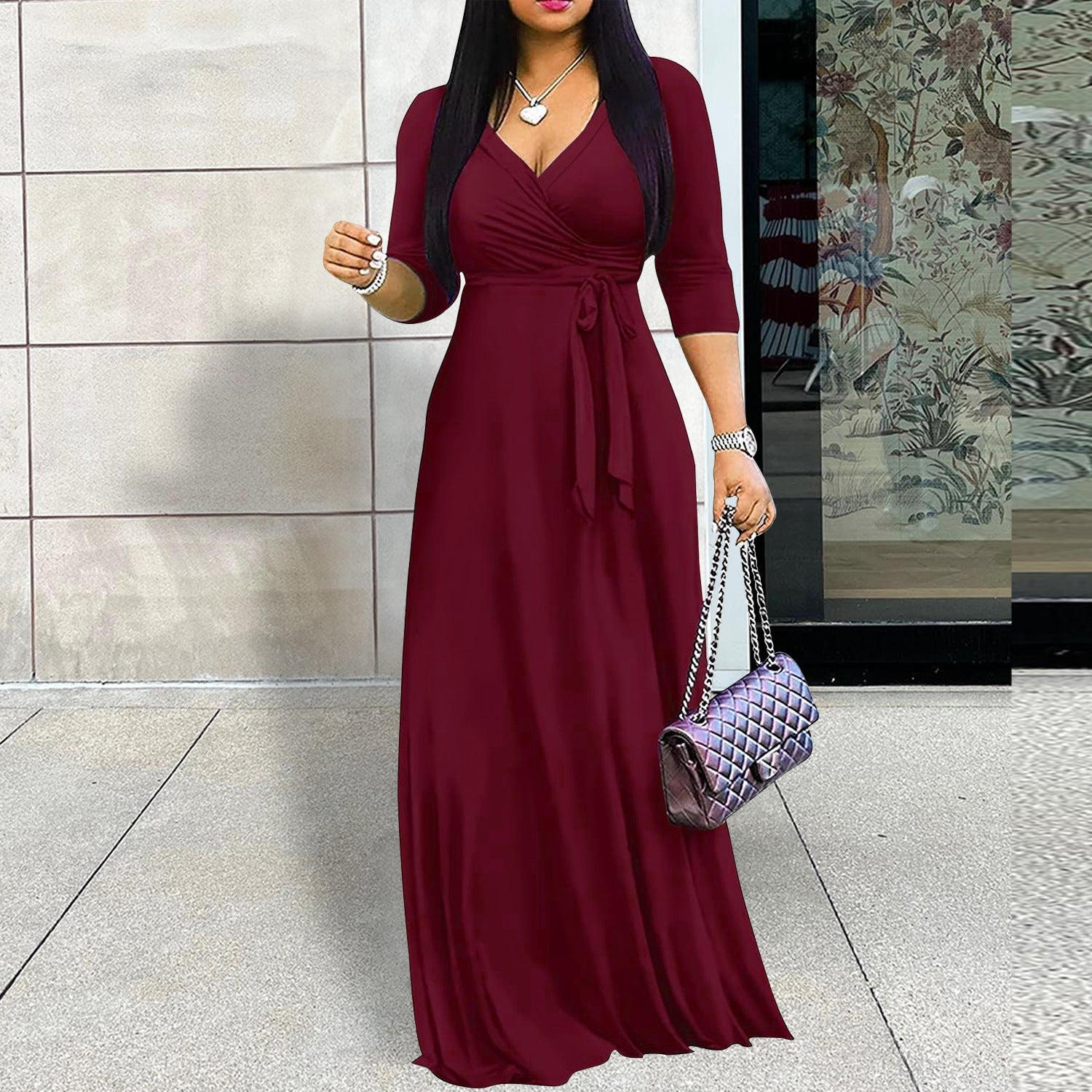 Women Clothing Spring Summer Elegant Solid Color V neck Waist Half Sleeve Maxi Dress