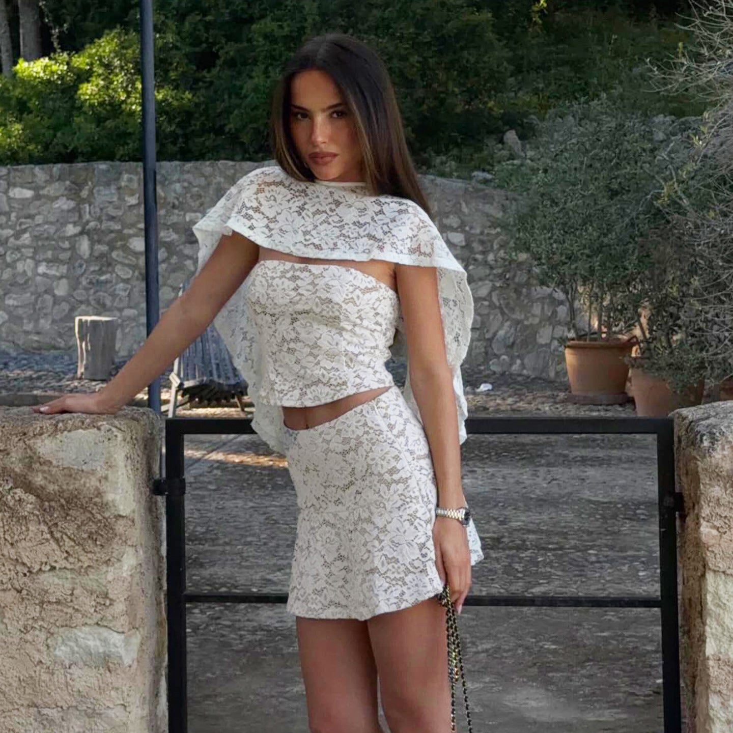 French Elegance Lace Three Piece Set Sexy Vacation Tube Top Short Skirt Blouse for Women by Ragazza