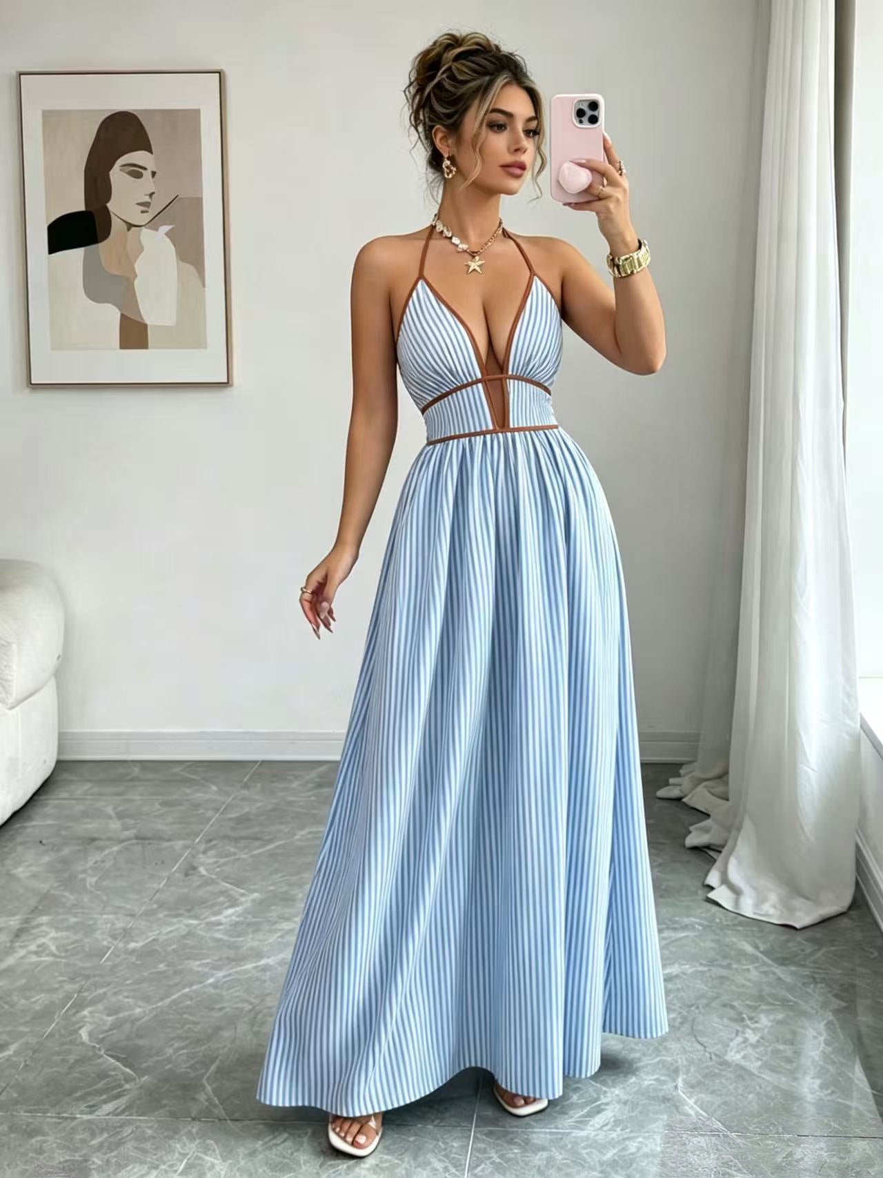 Casual Sleeveless Halter Fitted Waist Striped Color Matching Long Maxi Dress by Ragazza