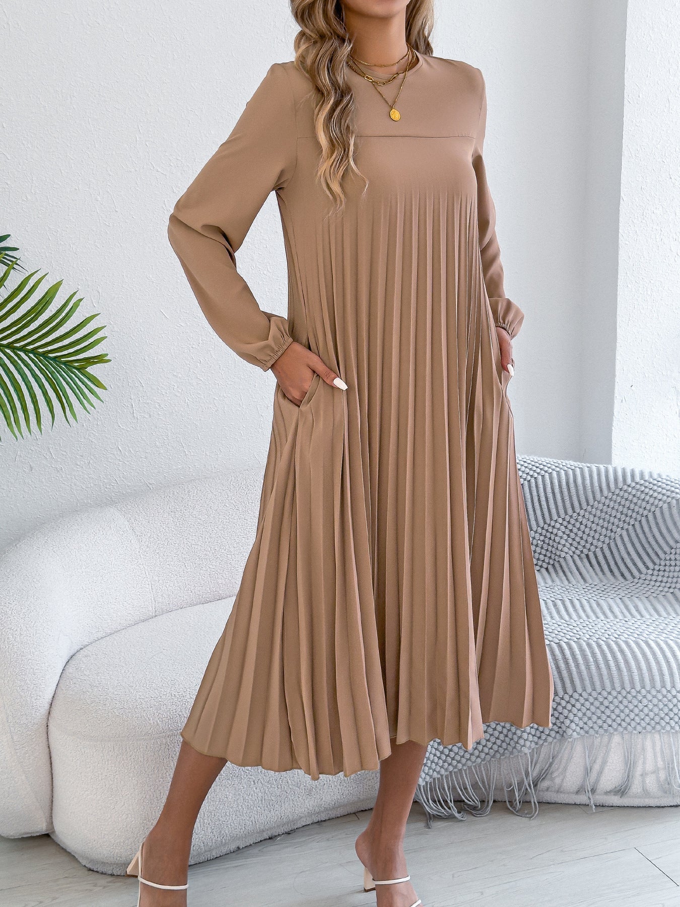 Women Clothing Spring Summer Casual Solid Color Long Sleeve Pocket Pleated Dress(Without Belt)