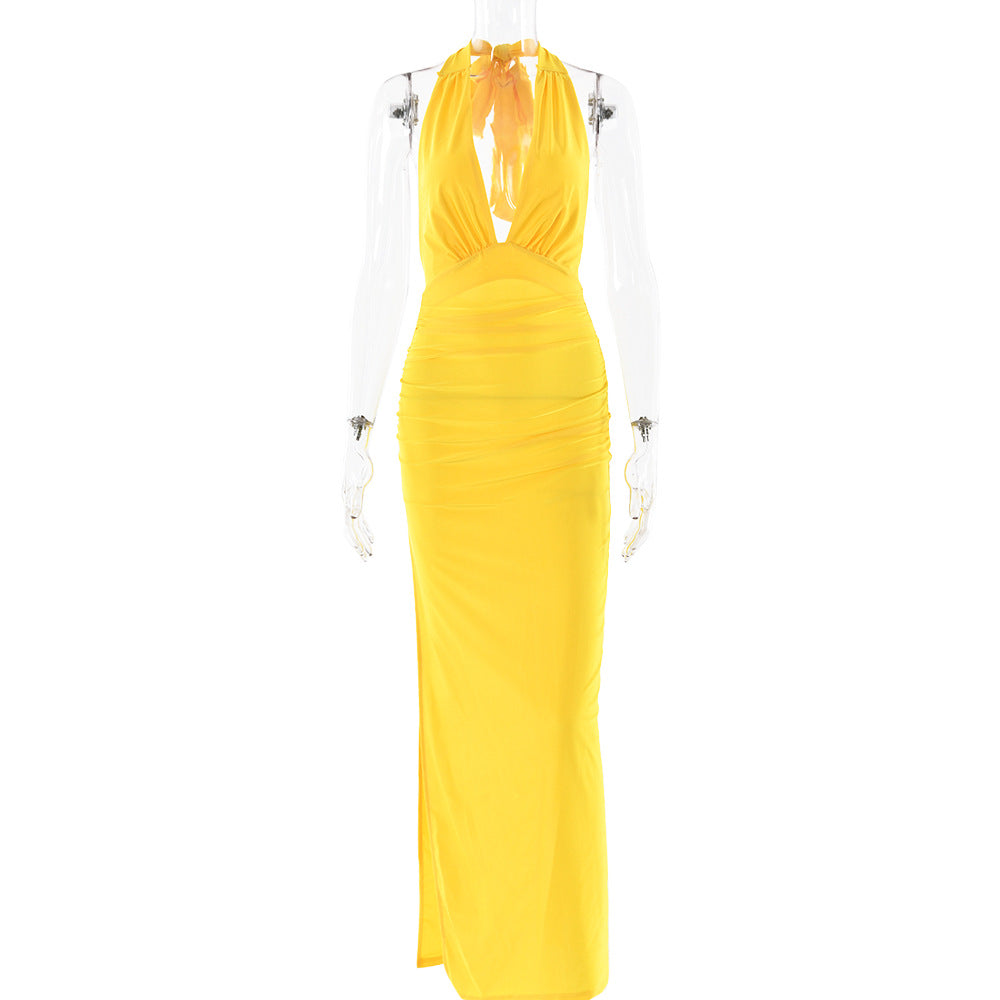 Summer Sexy V neck Halter Backless Dress Solid Color Split Dress by Ragazza