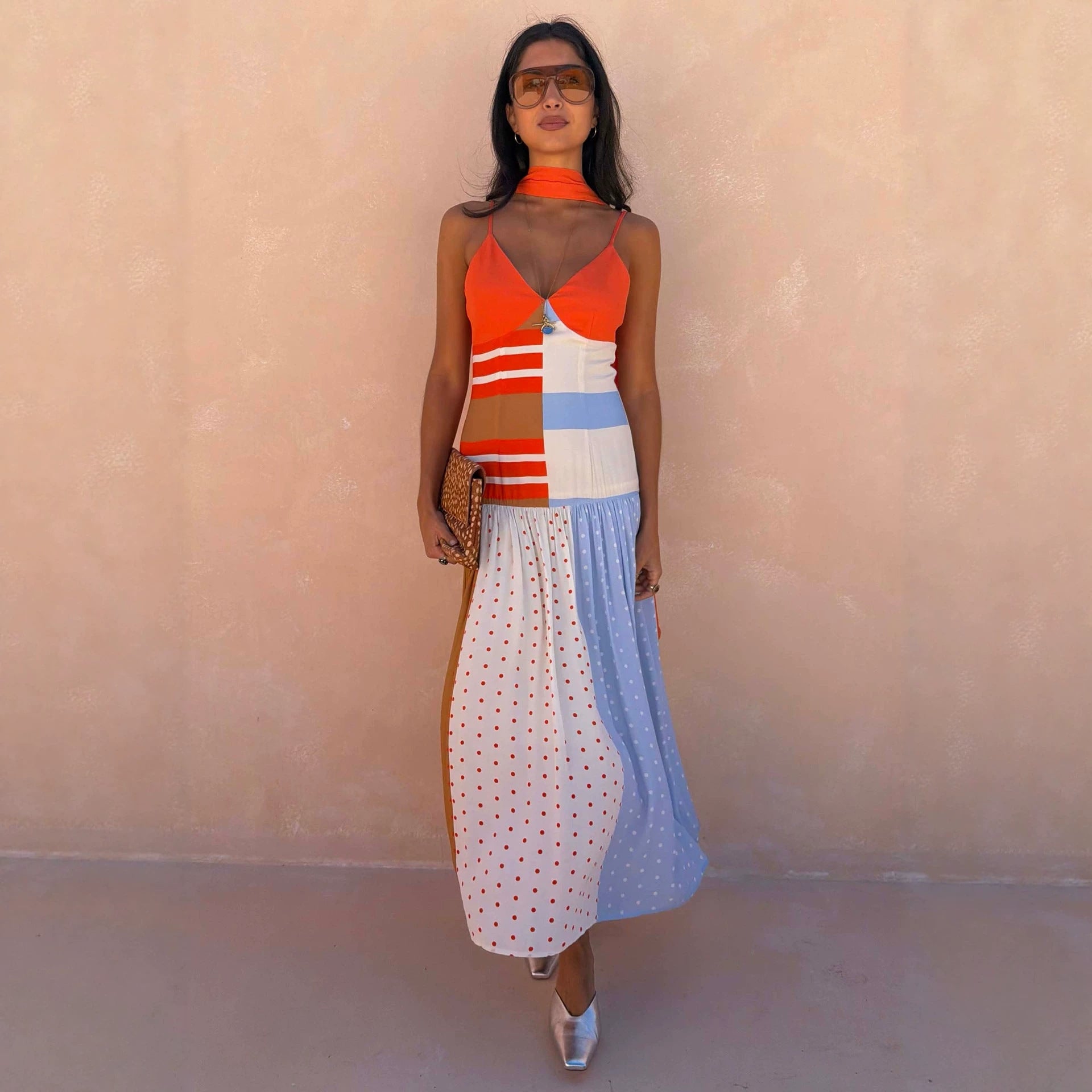 Contrast Color Polka Dot Stitching Cami Dress Summer Vacation Women Dress by Ragazza