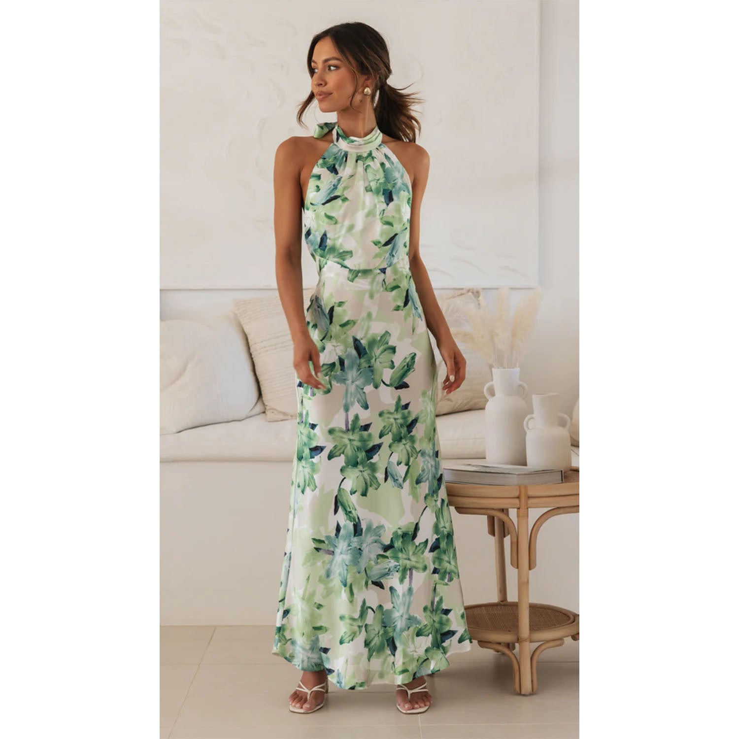 Spring Summer Floral Digital Printing Sweet Halter Mid Length Dress by Ragazza