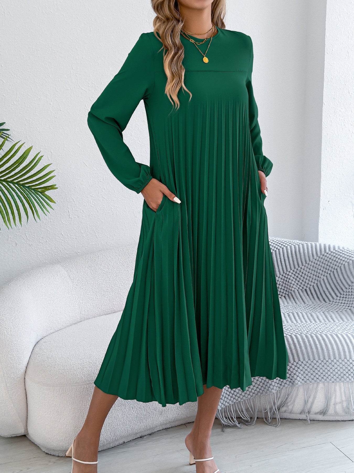 Women Clothing Spring Summer Casual Solid Color Long Sleeve Pocket Pleated Dress(Without Belt)