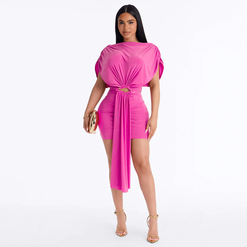 Women Clothing Summer Solid Color Casual Slim Pleated Short Sleeves Hollow Out Cutout Ribbon Short Dress by Ragazza