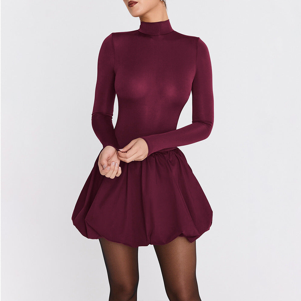Elegant Slim Fit Women Dress Sexy Turtleneck Long Sleeved Tight Waist Pleated A line Dress by Ragazza