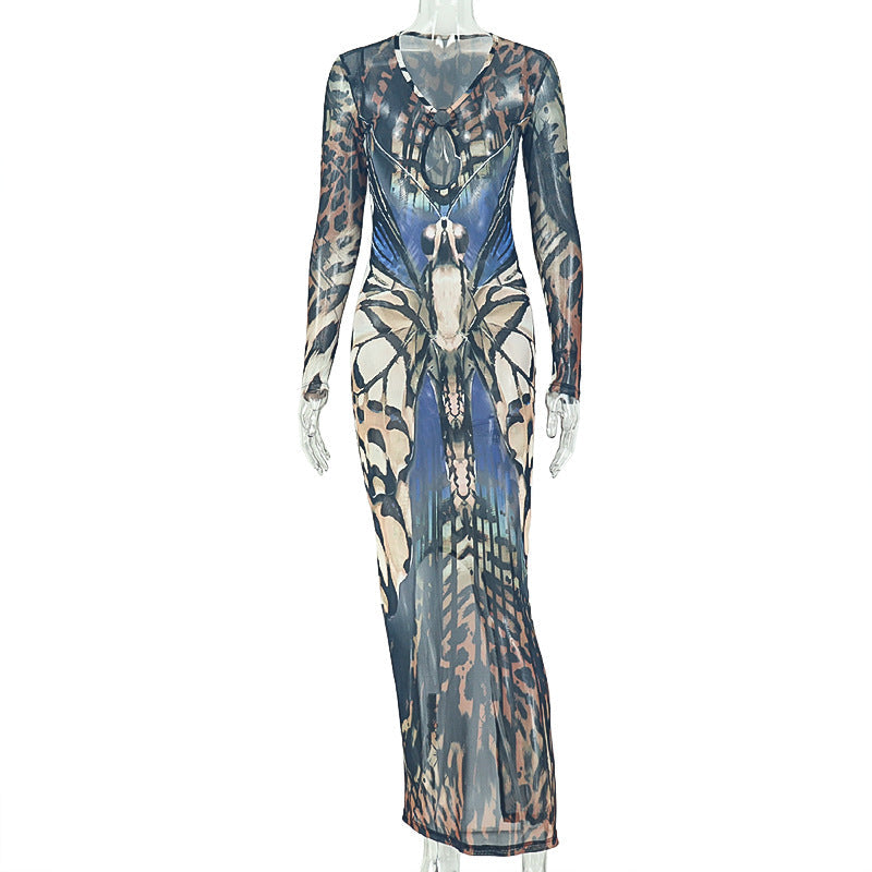 Color Matching Women Street Sheath One Step Dress V neck Long Sleeve Metal Ring Waist Dress by Ragazza