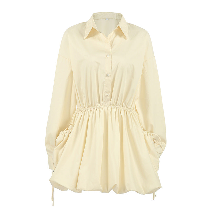 Women Spring Long Sleeve Fitted Waist Turn down Collar Lace up Shirt Dress by Ragazza