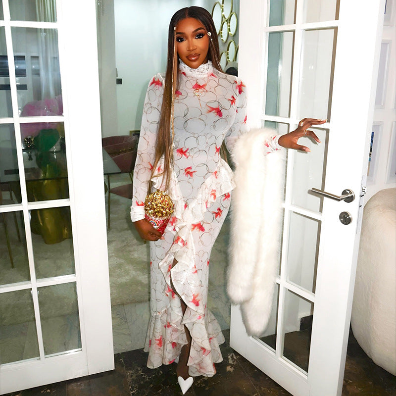 Women Clothing Fresh Printed Long Sleeve Pleated Hip Turtleneck Ruffled Split Maxi Dress