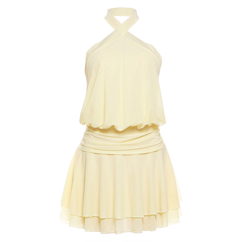 Spring Women Clothing Solid Color Slim Halter Sleeveless Backless Sexy Trend Pleated Dress Women by Ragazza