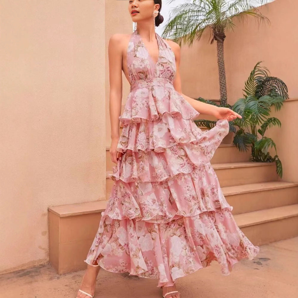Spring Women Clothing Dress Sexy V neck Sling Multi Layer Printing Dress by Ragazza