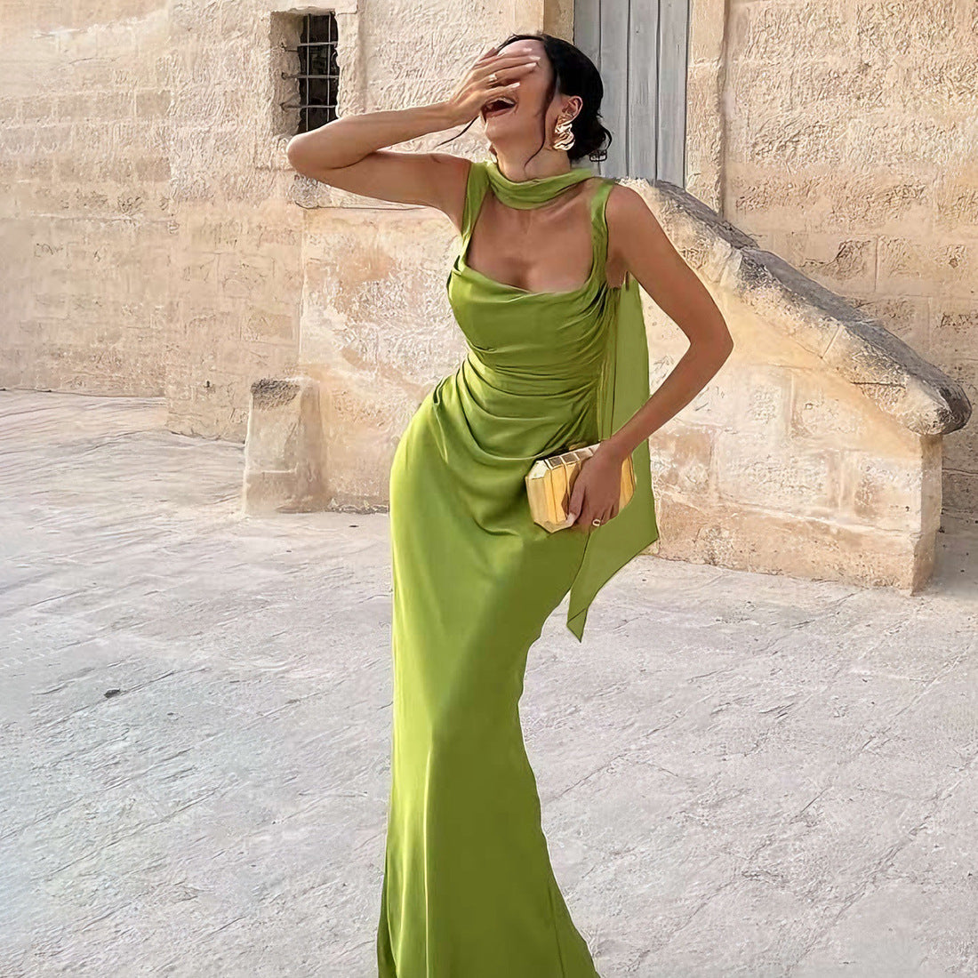 Spring Women Clothing Solid Color Square Collar Slim Fit Backless Pleated Dress by Ragazza
