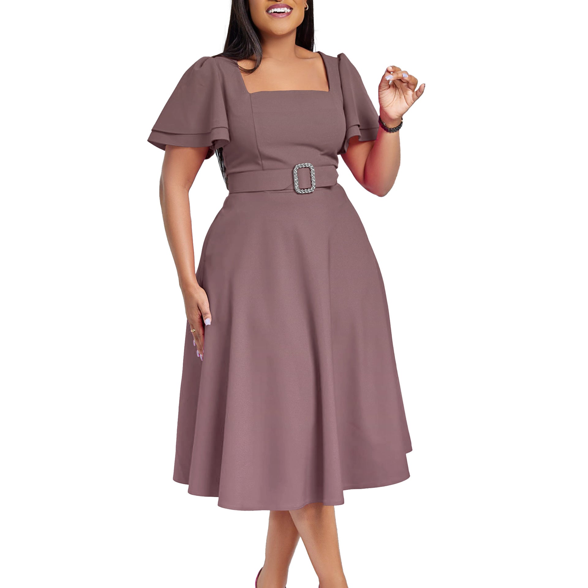 Women Clothing Flared Sleeves Square Collar High Waist Solid Color Elegant Dress