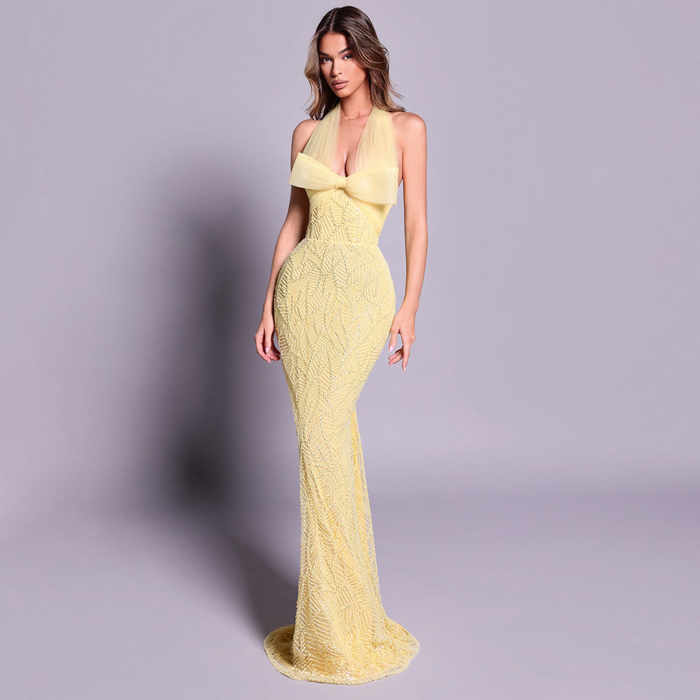 Yellow Heavy Industry Tube Bead Bow Halter Formal Dress Vision Dress Elegant by Ragazza