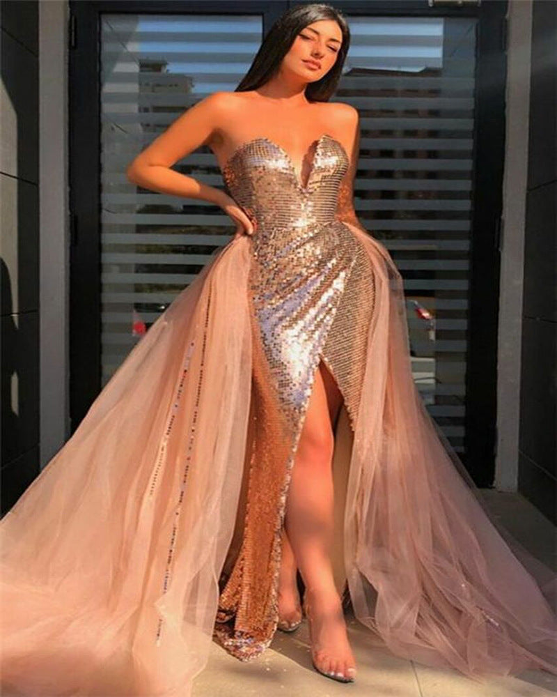 Spring Summer Women Clothing Sexy Bronzing Wrapped Chest Slit Dress Evening Dress