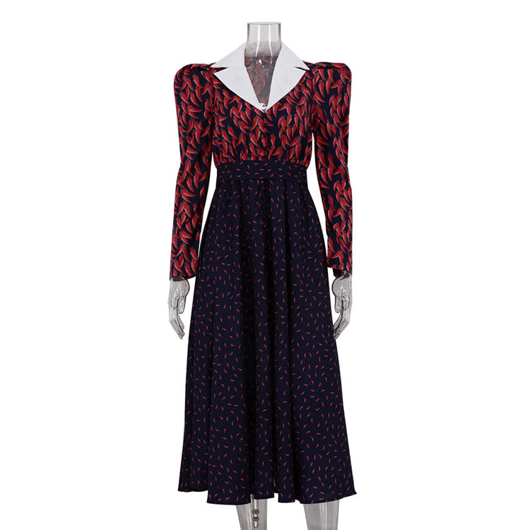 Contrast Color Design Collared Long Sleeve A line Women Waist Controlled Printed Large Swing Dress