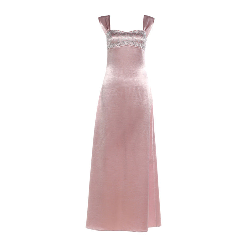 Autumn Winter Women Elegant Strap Tube Top Backless Rhinestone Waist Tight Maxi Dress for Women