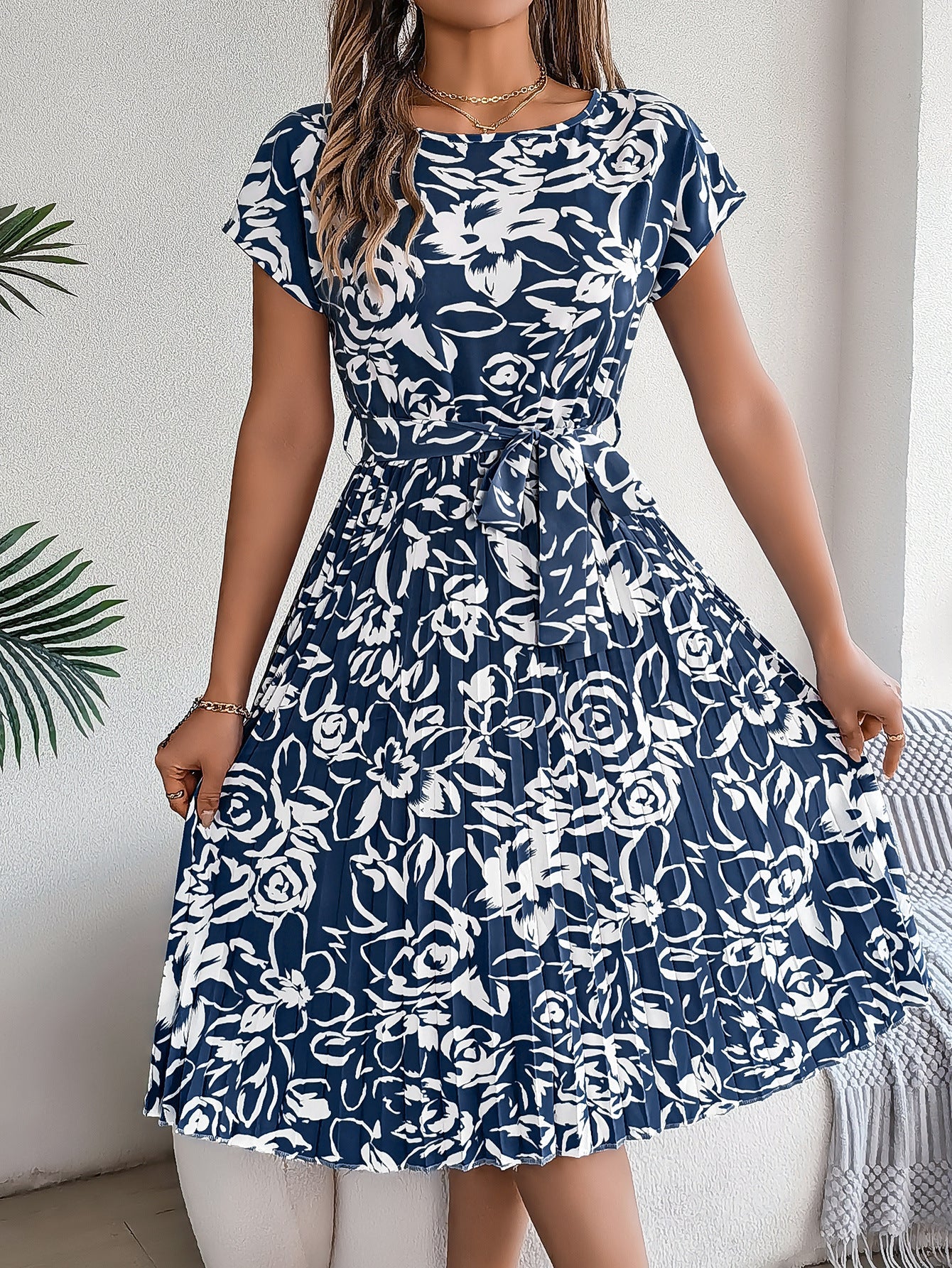 Spring Summer Elegant Floral Short Sleeve Large Hem Pleated Dress Women Clothing