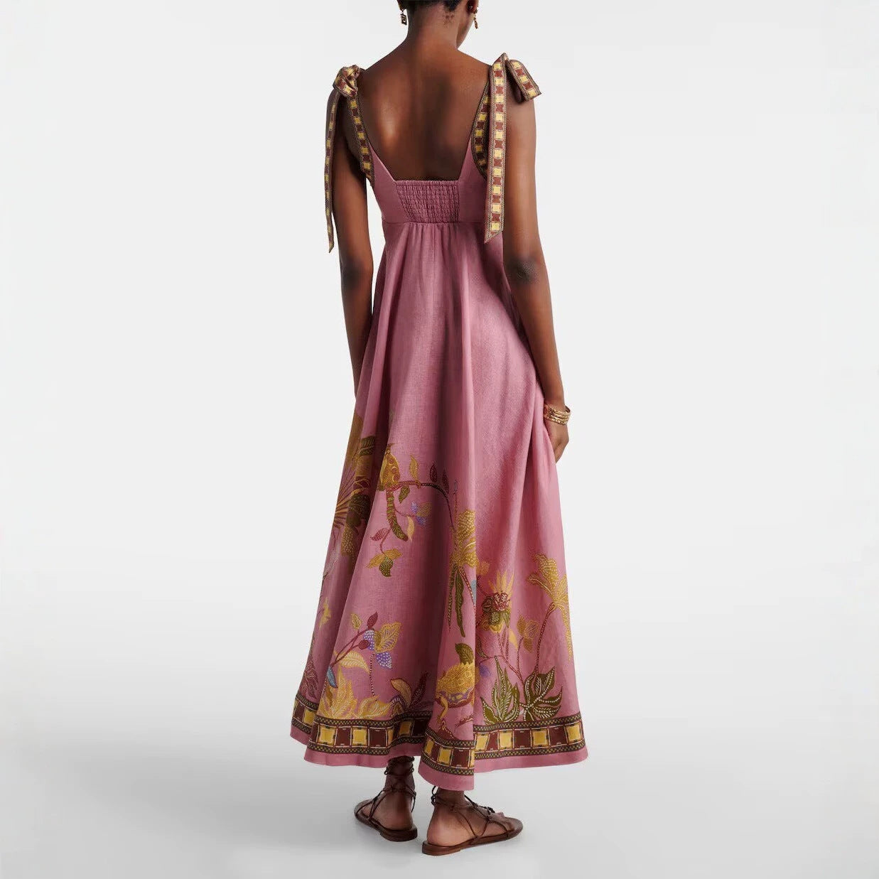 Positioning Floral Print Linen Sling Pocket Maxi Dress Bohemian Holiday Swing Dress by Ragazza