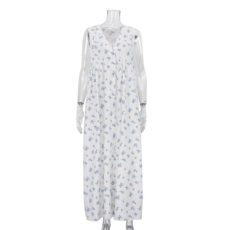 Print Single Breasted Vest Dress Summer Women Clothing V neck Sleeveless High Waist Maxi Dress by Ragazza
