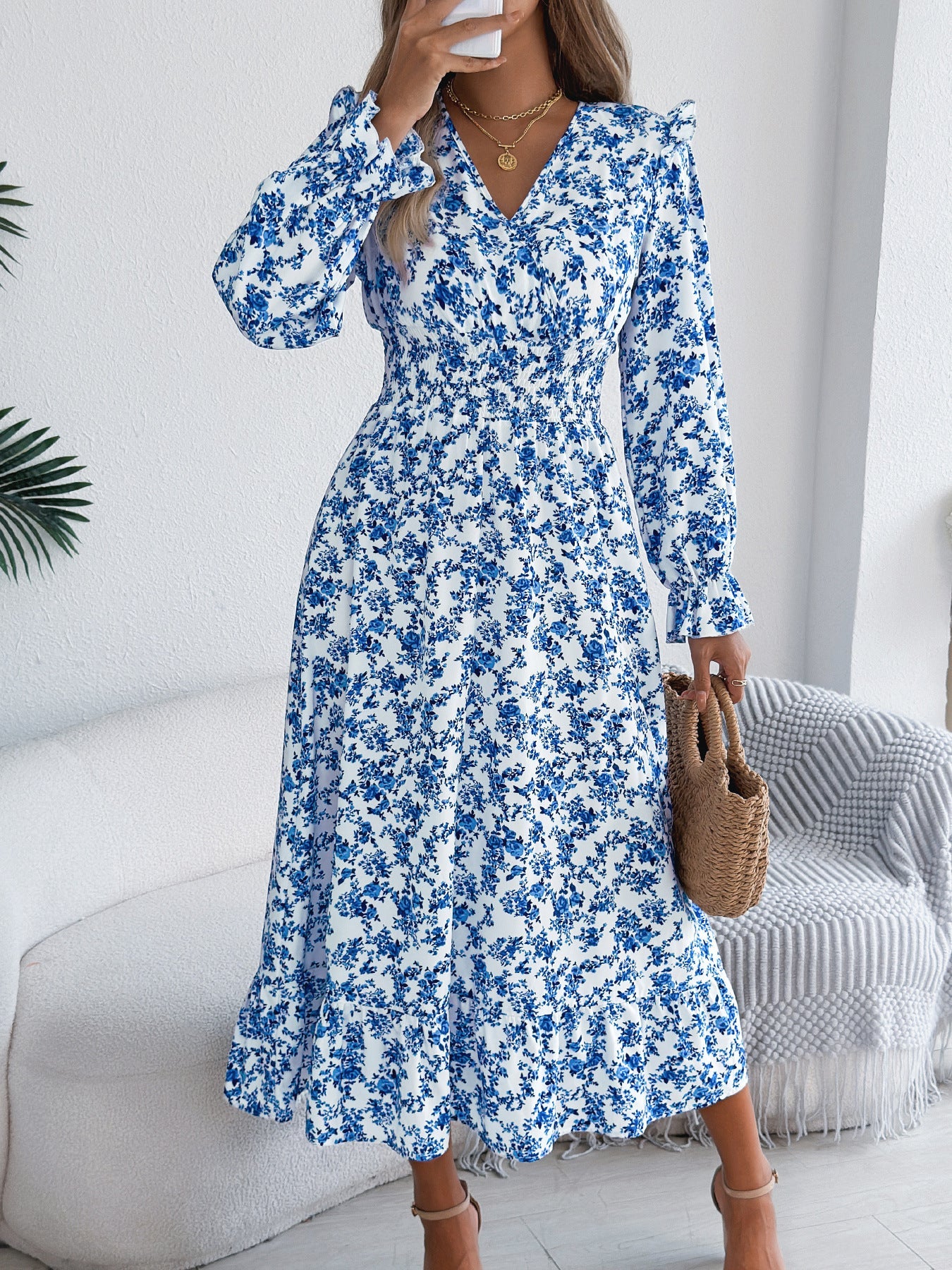 Autumn Winter Elegant Floral Cross V neck Waist Trimming Ruffles Maxi Dress Women Clothing