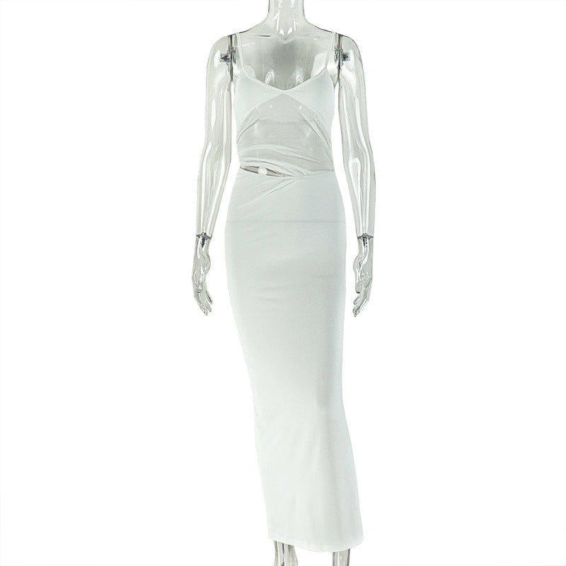 Women Clothing Slightly Transparent Solid Color Asymmetric Sling U Collar Hip Dress One Step Elegant Maxi Dress
