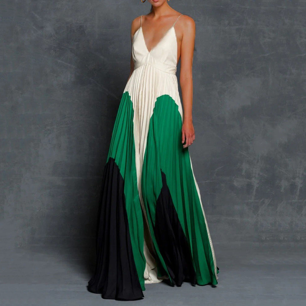 Summer Women Clothing Dress Slim Fit Slimming Long Color Matching Pleated Cami Dress Long by Ragazza