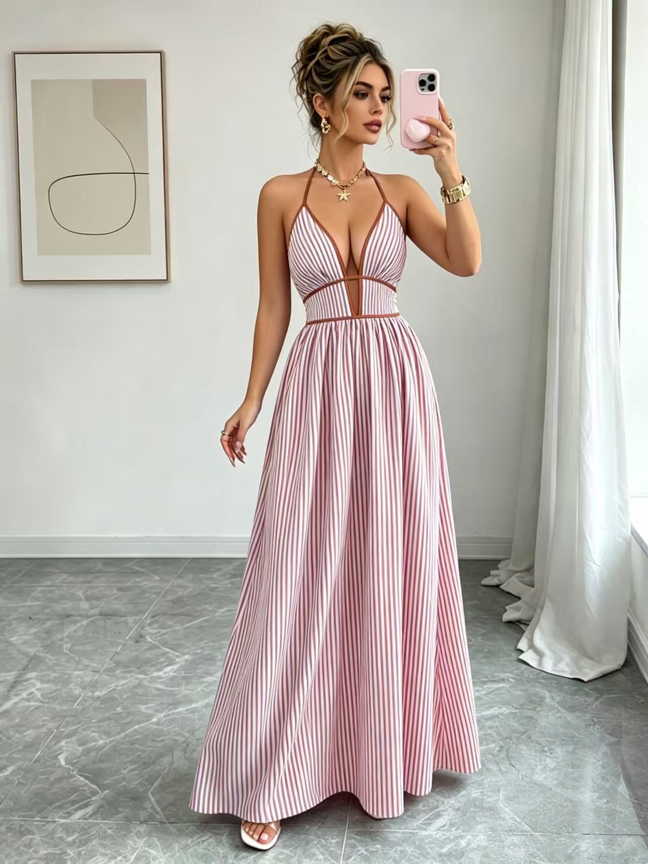 Casual Sleeveless Halter Fitted Waist Striped Color Matching Long Maxi Dress by Ragazza