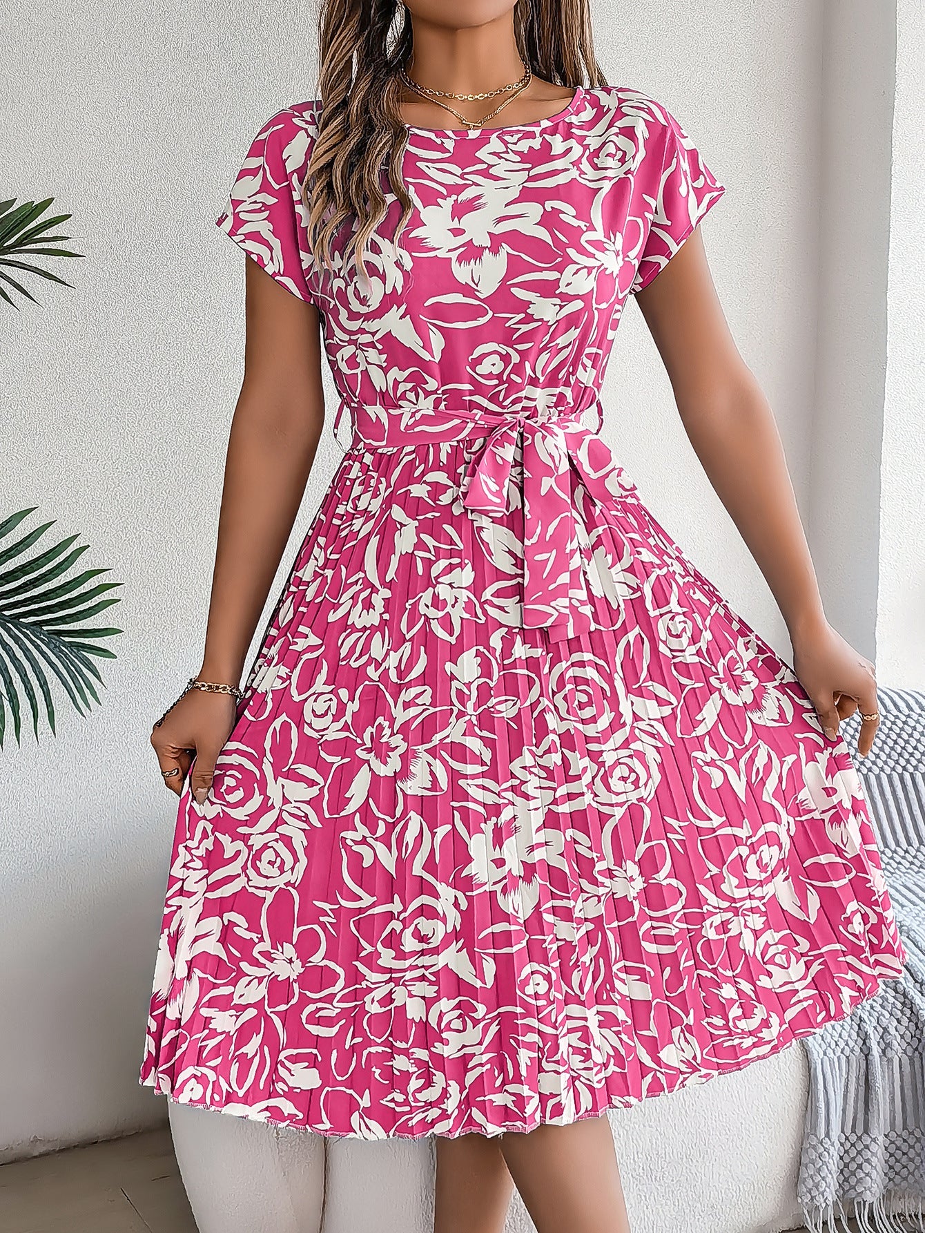 Spring Summer Elegant Floral Short Sleeve Large Hem Pleated Dress Women Clothing