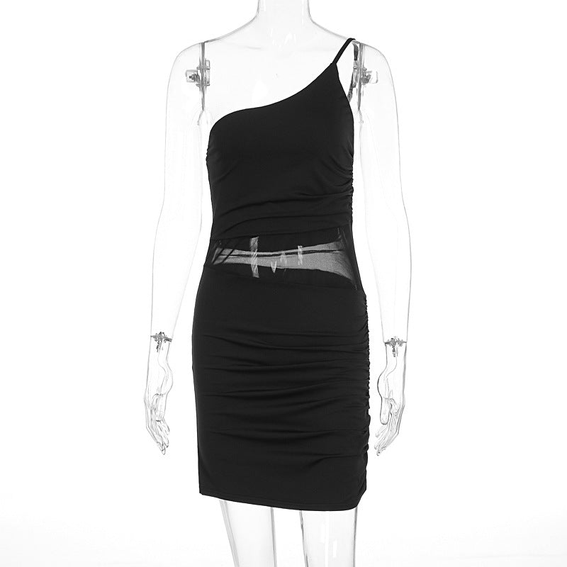 Summer Women Clothing Sexy Single Slim Fit Oblique Shoulder Package Hip See through Dress
