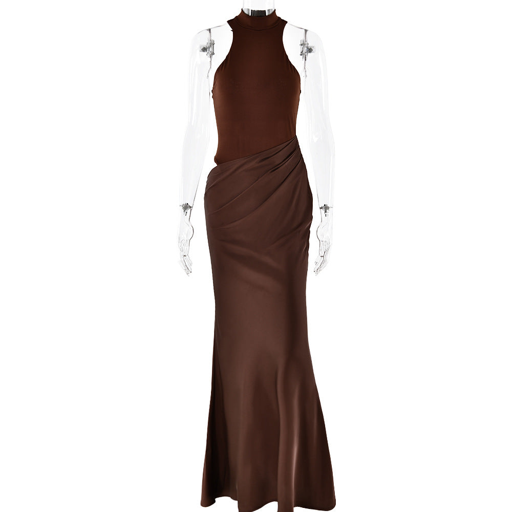 Women Dress round Neck Sleeveless Slim Fitting Patchwork Maxi Dress Hollowed out Dress