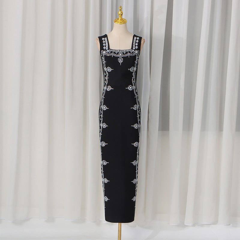 Spring Elegant Retro Geometric Abstract Pattern Decorative Heavy Work High Waist Strap Dress Women by Ragazza