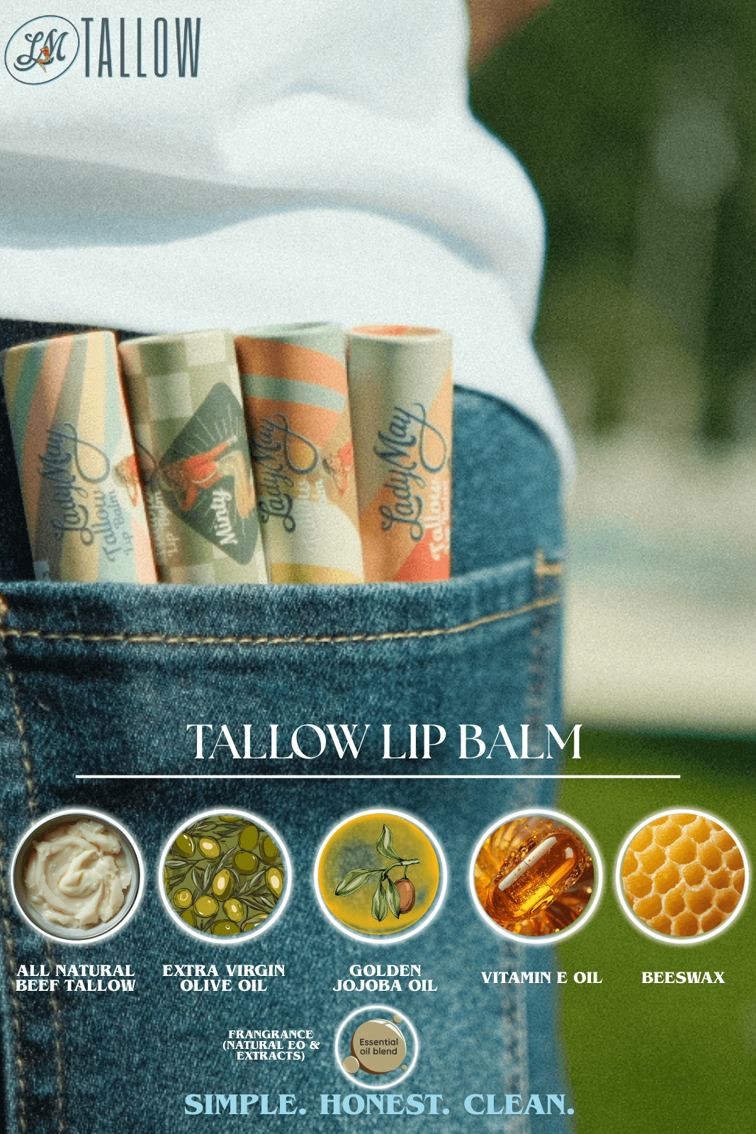 Tallow Lip Balm - CHOOSE A FLAVOR - Natural Beef Tallow Lip Moisturizer with Beeswax & Jojoba Oil by Lady May Tallow
