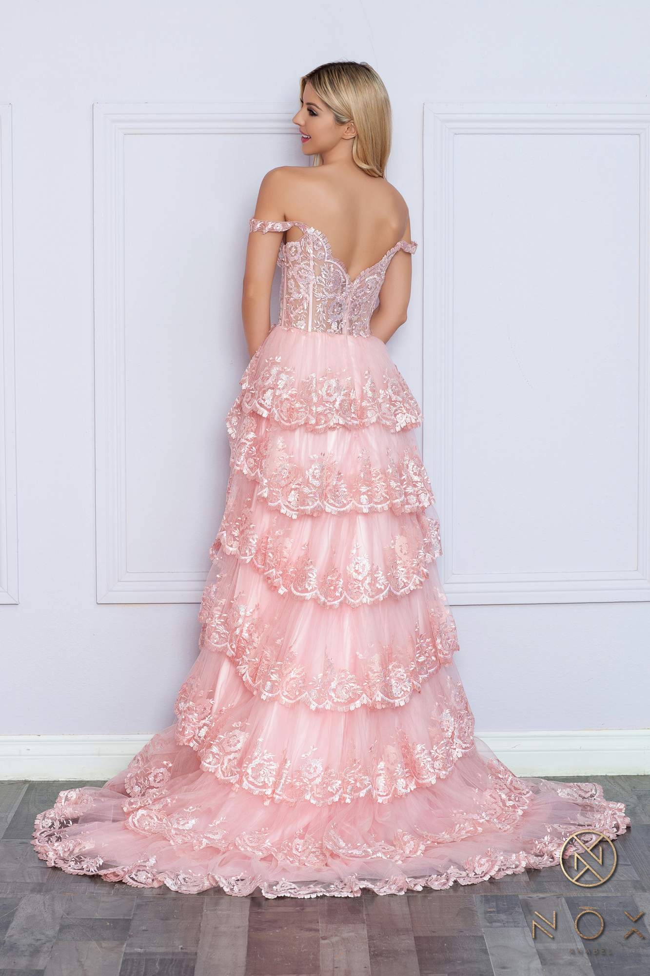 Nox Anabel R1299 Long Off the Shoulder Tiered Skirt A-Line Formal Gown by DiscountDressShop