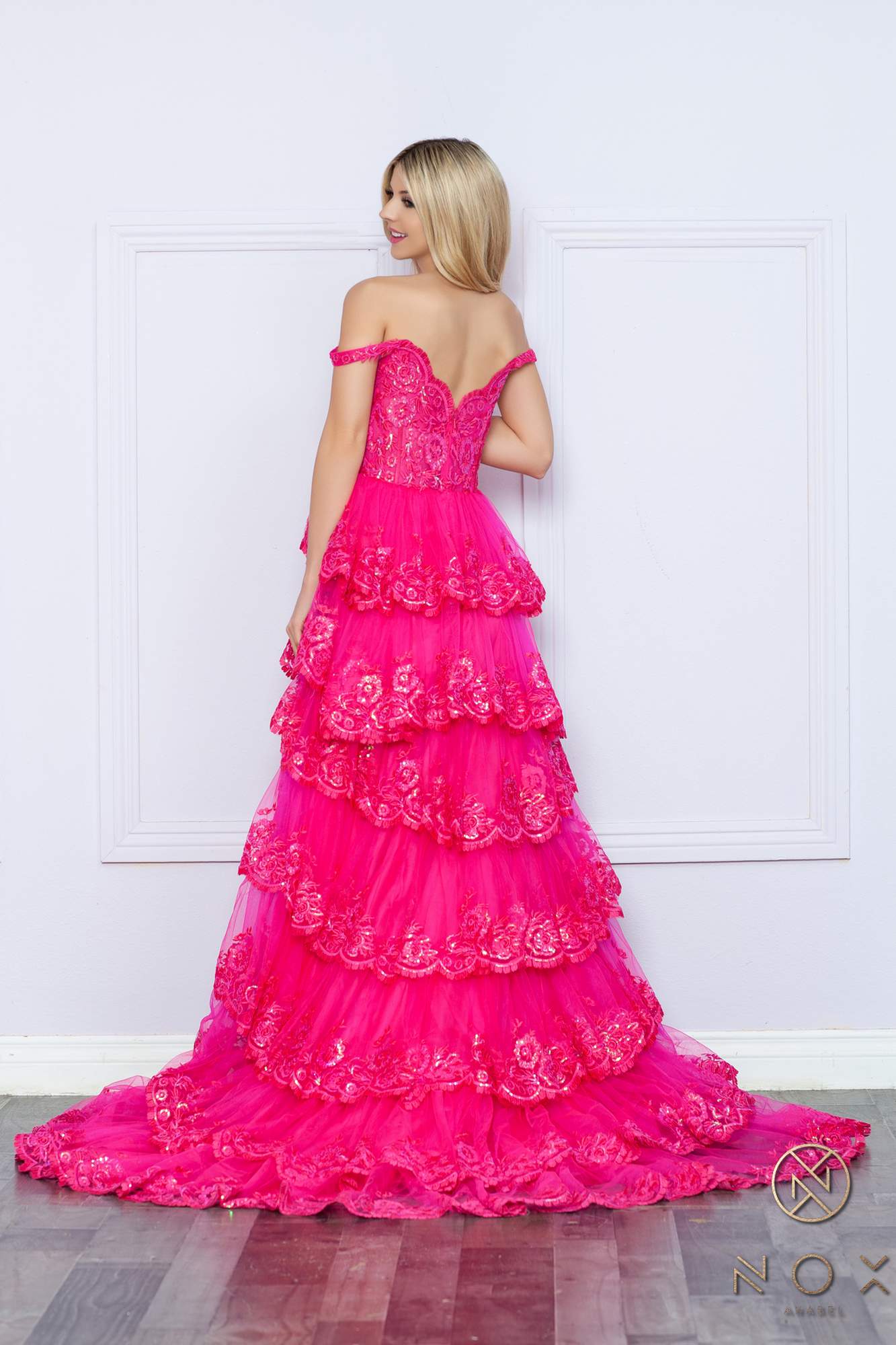 Nox Anabel R1299 Long Off the Shoulder Tiered Skirt A-Line Formal Gown by DiscountDressShop