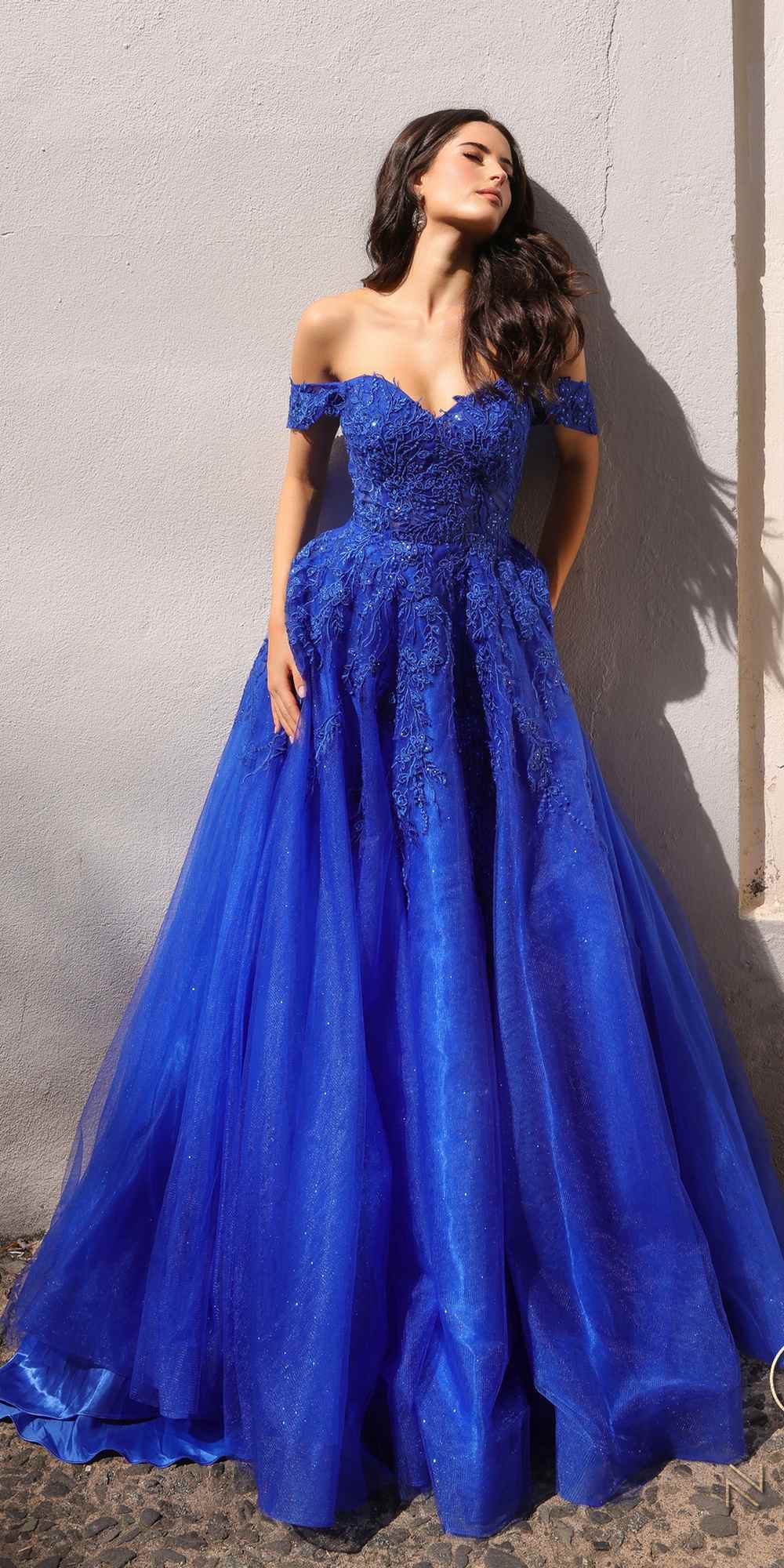 Nox Anabel R1303 Long Off the Shoulder Sweetheart Tulle A-Line Gown by DiscountDressShop