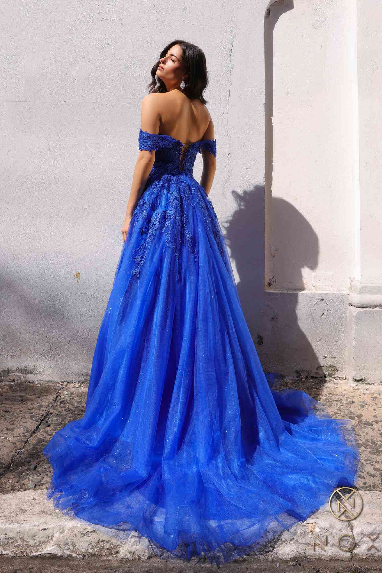 Nox Anabel R1303 Long Off the Shoulder Sweetheart Tulle A-Line Gown by DiscountDressShop
