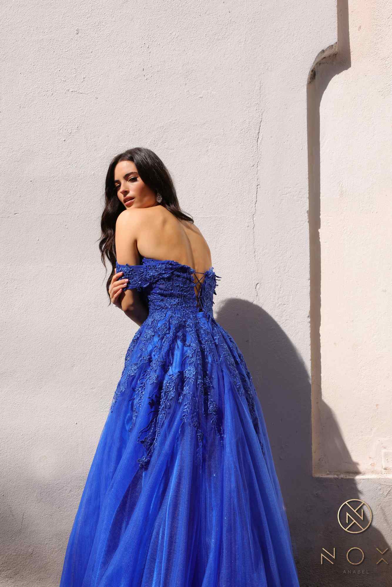 Nox Anabel R1303 Long Off the Shoulder Sweetheart Tulle A-Line Gown by DiscountDressShop
