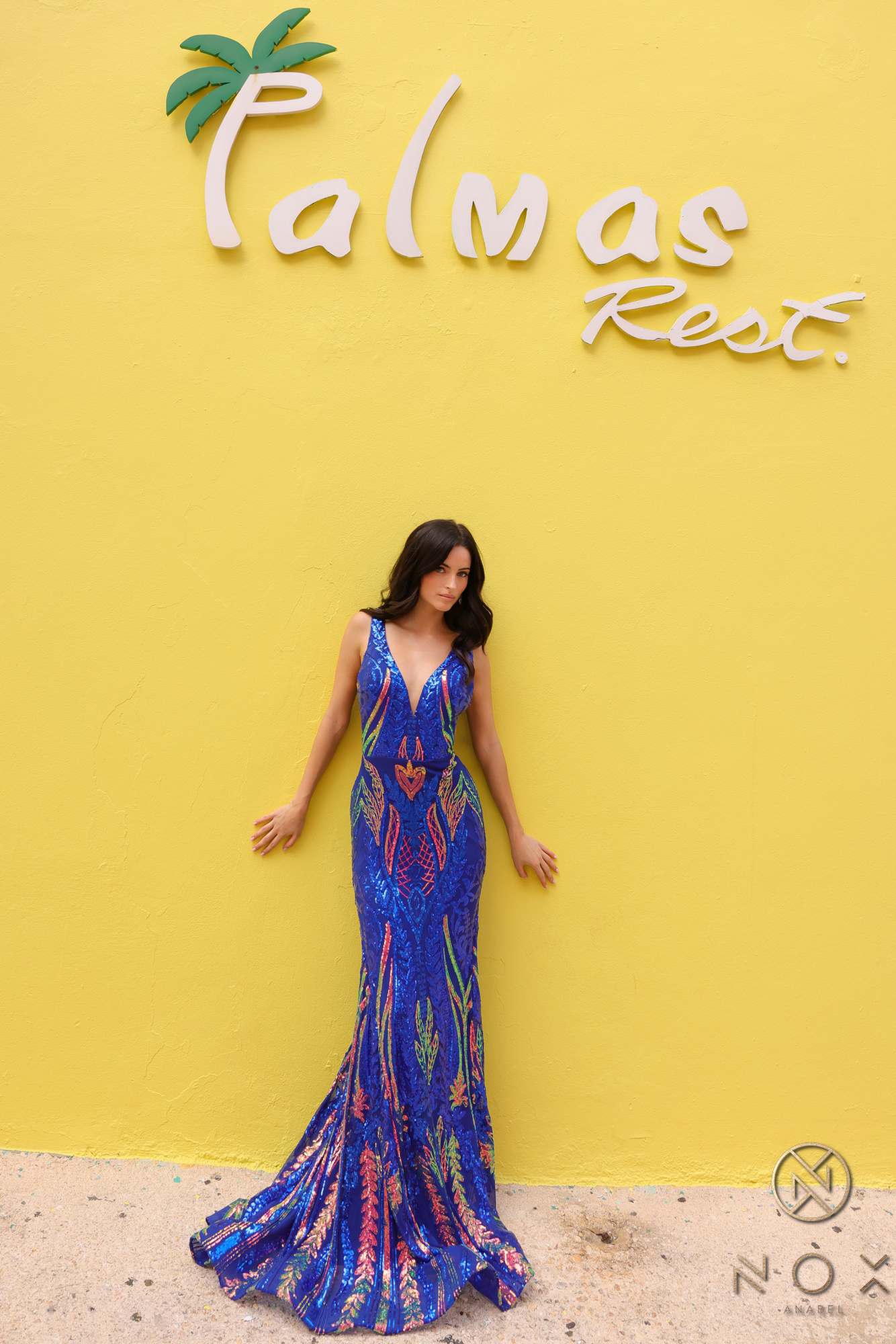 Nox Anabel R1402 Long Plunging V-Neck Fitted Sequin Print Gown by DiscountDressShop