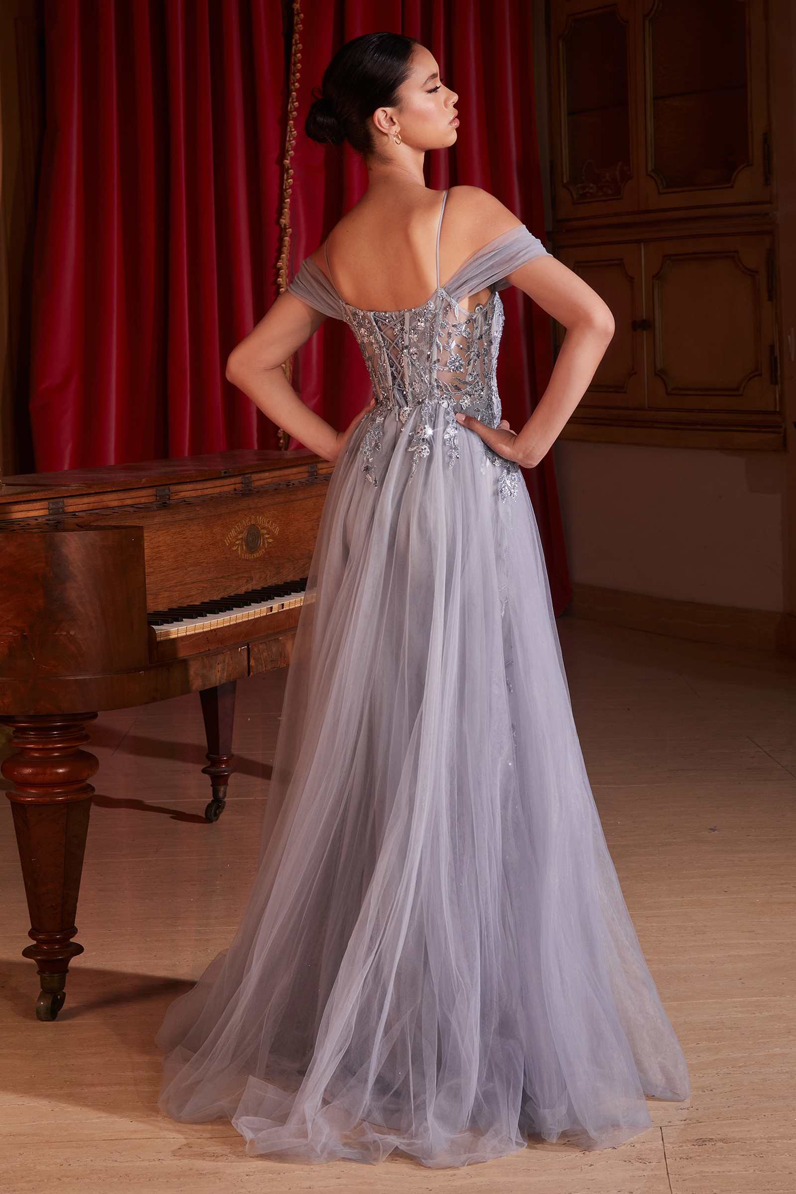 Ladivine SF009 Long Embellished Off The Shoulder Fitted Lace Gown by DiscountDressShop