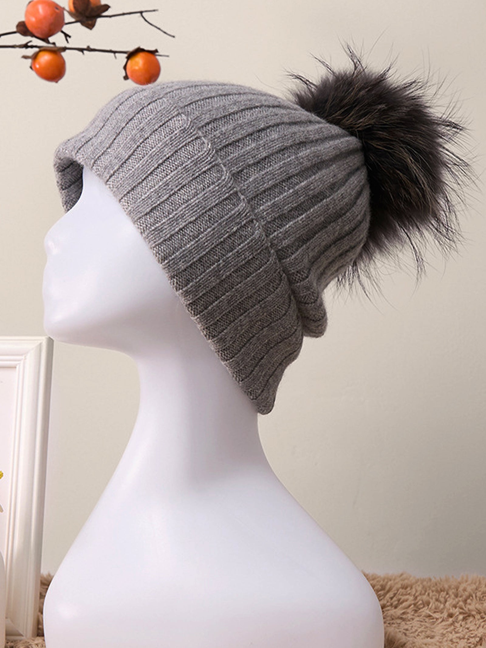 100% Cashmere Rib-Knit Slouchy Beanie With Pom-Pom by LINTICO