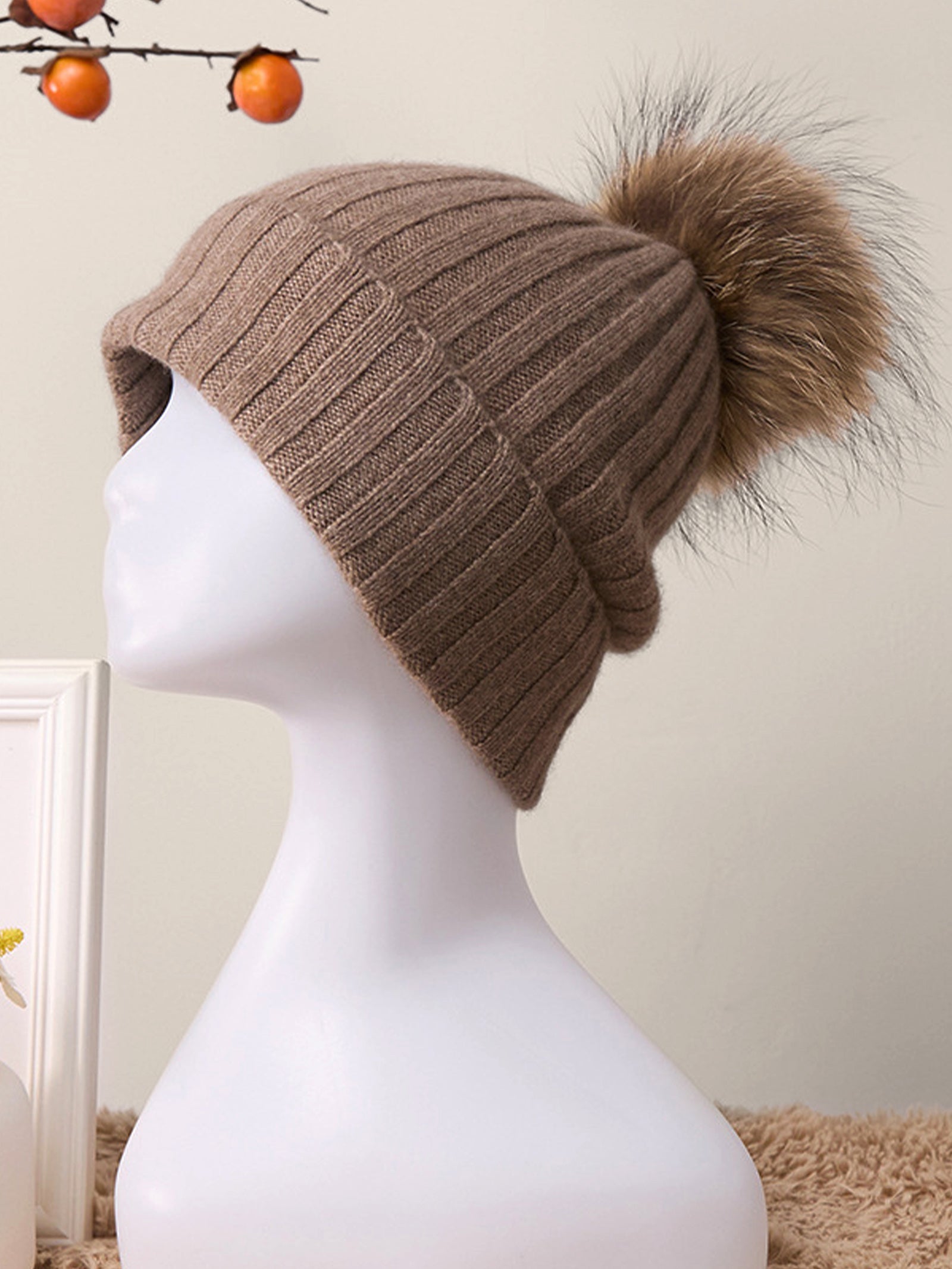 100% Cashmere Rib-Knit Slouchy Beanie With Pom-Pom by LINTICO
