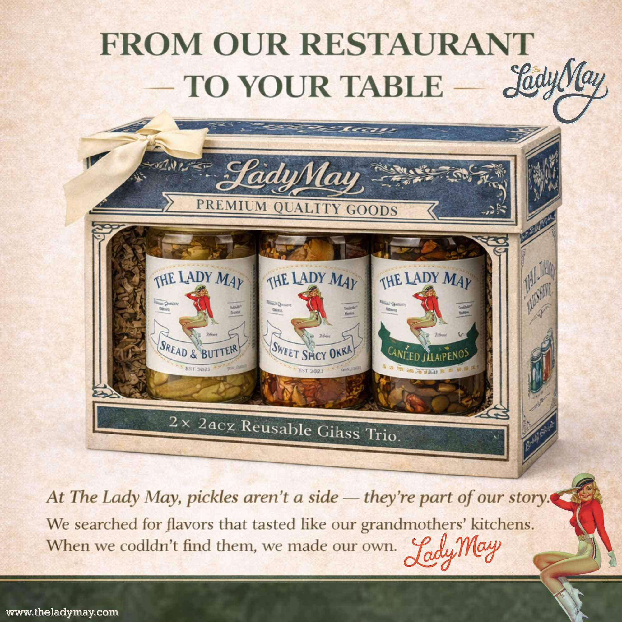 Lady May Pickle Trio Gift Set – 3 Pack Bundle (24oz Jars) – Bread & Butter Sweet Pickles, Sweet & Spicy Pickled Okra, Candied Jalapeños – Small Batch Southern Style – Restaurant Made Gourmet Pickles by The Lady May