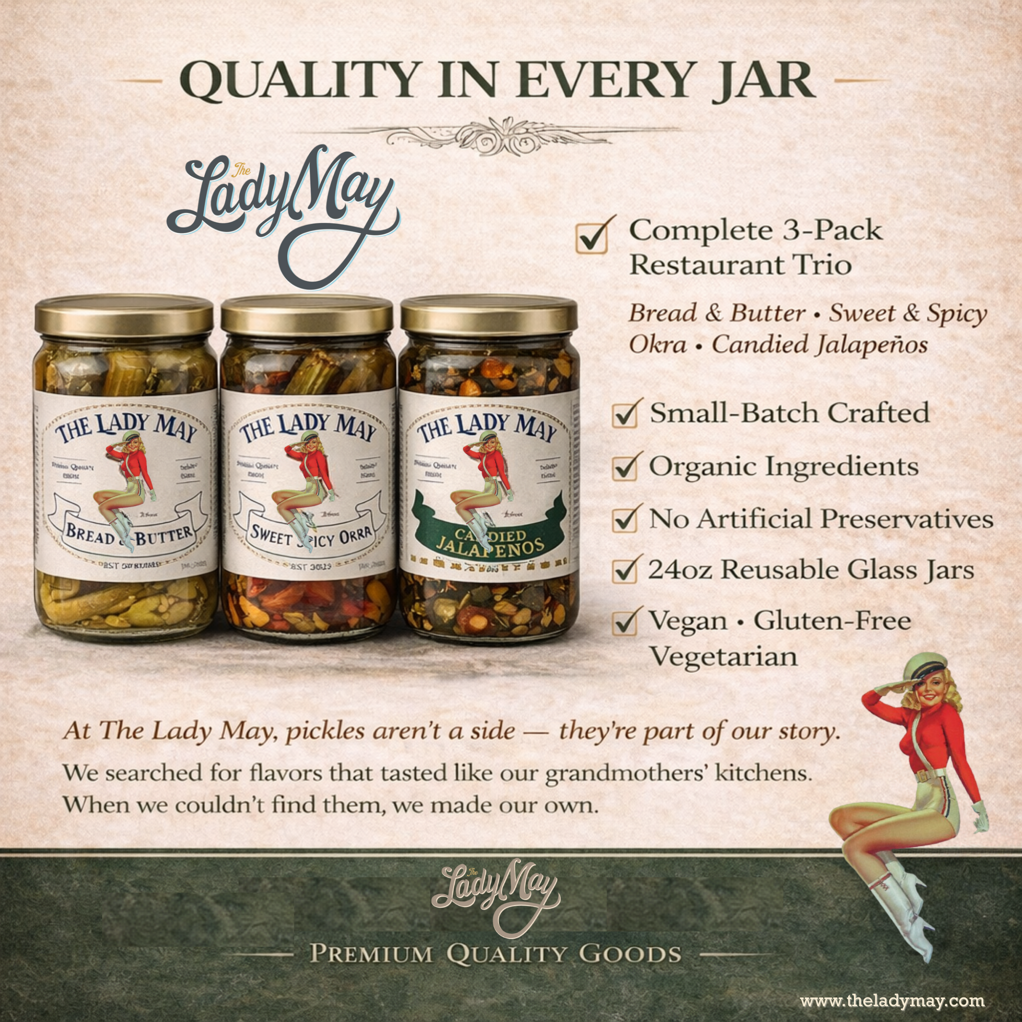 Lady May Pickle Trio Gift Set – 3 Pack Bundle (24oz Jars) – Bread & Butter Sweet Pickles, Sweet & Spicy Pickled Okra, Candied Jalapeños – Small Batch Southern Style – Restaurant Made Gourmet Pickles by The Lady May