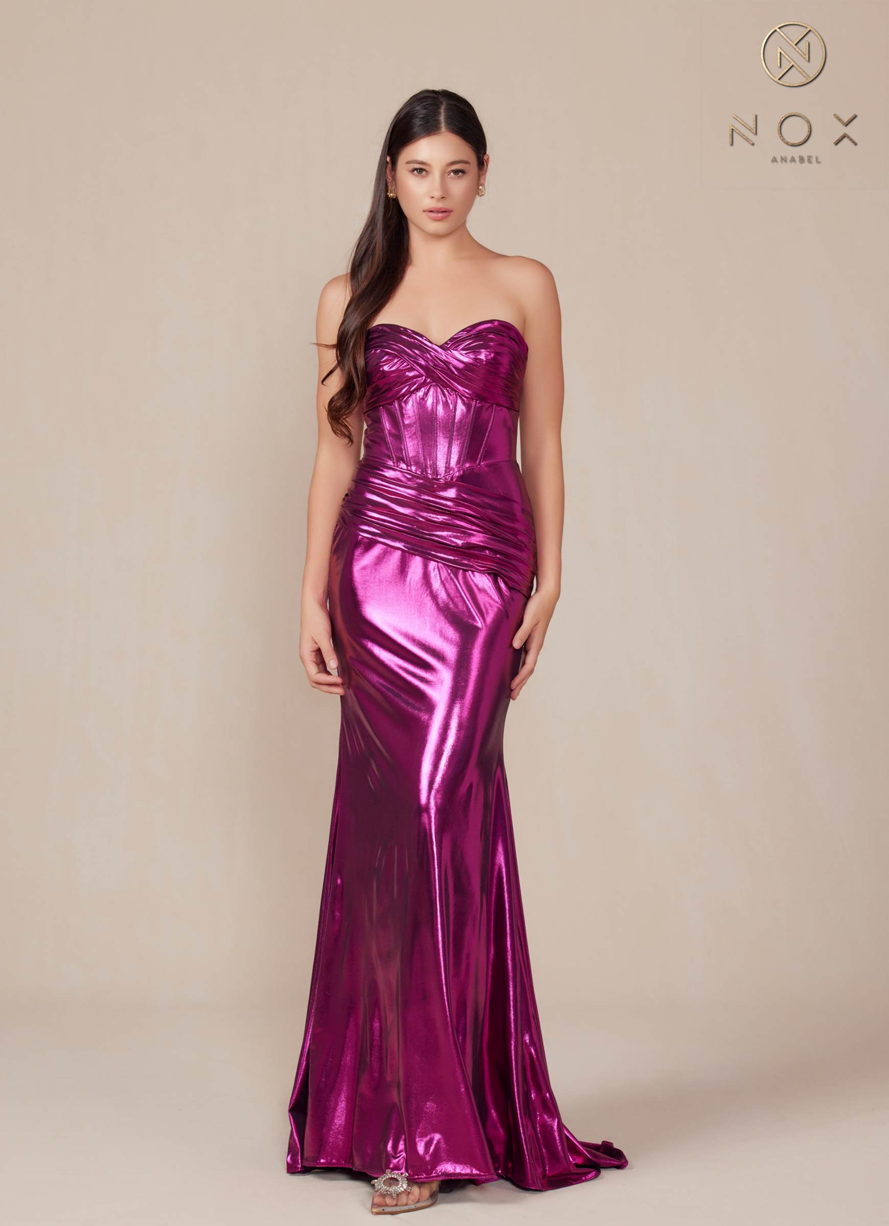 Nox Anabel T1499 Dress Strapless Metallic Satin Fitted Gown by DiscountDressShop